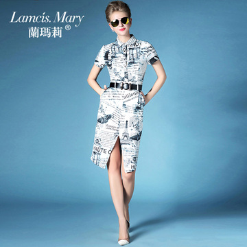 兰玛莉品牌连衣裙夏2015女装欧美复古气质职业印花裙装