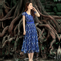 2015夏季新款韩版波西米亚真丝连衣裙超长款修身短袖印花碎花裙子