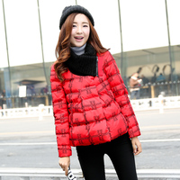 2015年韩版新款女装棉衣短款圆领加厚棉服修身拼接格子外套超保暖
