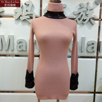 圣玛俪族2016春季新款高领套头针织毛衣女中长款 修身蕾丝边长袖