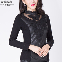女装品质冬装韩版长袖pu皮网纱加绒T恤加厚黑色打底衫t恤衫963