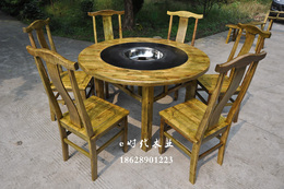 大理石火锅桌 火锅店餐桌椅组合煤气灶电磁炉 实木火锅桌椅C31