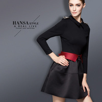 HANSA 2015春装新款连衣裙 黑色修身显瘦气质优雅A字裙长袖蓬蓬裙