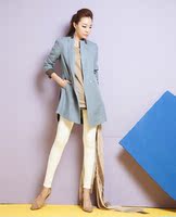 2014顶级亚麻小西装女 韩版休闲修身中长款灰蓝棉麻女装秋装外套