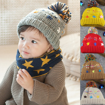 新款韩版儿童毛线帽子秋冬 大彩球 手工花加绒宝宝保暖帽子