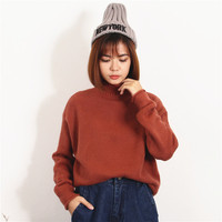 韩国冬装加厚款宽松百搭高领卷边纯色套头毛衣女