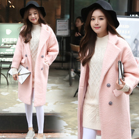 2015冬新款粉色韩版中长款茧型加厚毛呢外套女修身羊毛呢子大衣女