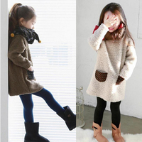 童装连衣裙 秋冬新款 时尚韩版女童宝宝羊羔绒小口袋 卫衣 套头衫