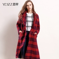YE＇JZZ/意界2015冬装新款格纹流苏领毛呢外套女休闲宽松羊毛大衣