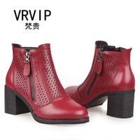 VRVIP/梵贵2015春季新款圆头粗跟裸靴 高跟洞洞靴真皮凉靴单靴女