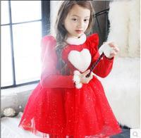 韩国童装2015秋冬女童加绒加厚连衣裙儿童公主裙爱心圣诞红色礼服