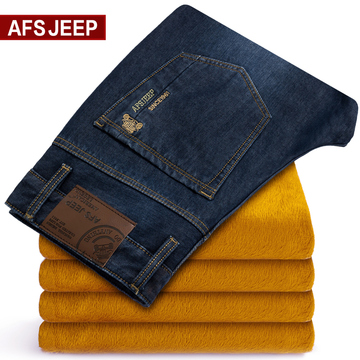 AFS Jeep吉普秋冬款加厚加绒牛仔裤男直筒宽松大码保暖休闲长裤子