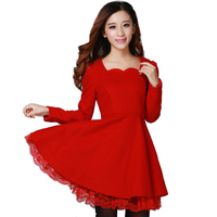 2015秋冬新款大码女装韩版修身显瘦收腰长袖毛呢蕾丝连衣裙红色