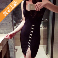 【2015夏装】精品V领无袖甜美连衣裙 黑色 针织 白色性感夜店女