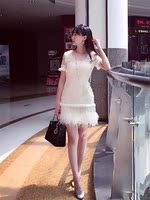 2015秋季刘美人同款珍珠羽毛米白色蕾丝修身韩版连衣裙短裙A字裙