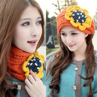 2015秋冬季韩版新款 女士可爱花朵围脖发带两用针织毛线帽子包邮