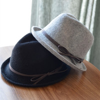 新款羊毛呢礼帽爵士帽秋冬天巴拿马帽针织礼帽蝴蝶结加厚保暖帽子
