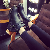 2015秋冬新款欧美英伦粗跟短靴子金属装饰中跟骑士靴及踝单靴女潮
