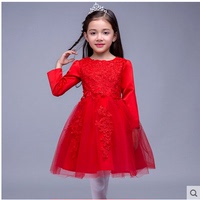 新款花童礼服 儿童演出公主裙 红色长袖女童演出主持蓬蓬裙 冬款