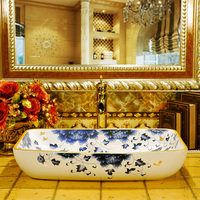独特设计 加大长方形陶瓷艺术台盆洗脸盆台上盆洗手盆-青花蝴蝶