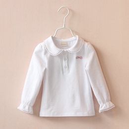 2015秋冬童装女童纯棉打底衫娃娃领白色T恤3-6岁宝宝长袖衬衫上衣