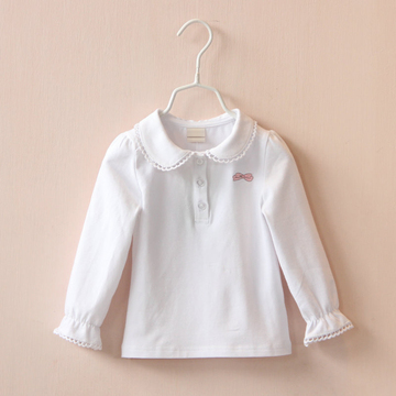 2015秋冬童装女童纯棉打底衫娃娃领白色T恤3-6岁宝宝长袖衬衫上衣