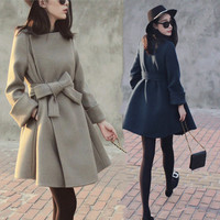 2015秋冬装新款韩版女装宽松显瘦系带大衣中长款加厚学生毛呢外套