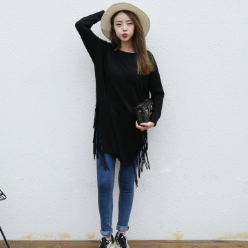 2016秋季韩版气质新款宽松流苏针织衫长袖套头中长款毛衣大码女装