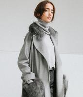 2016冬季新款加厚超大真狐狸毛浅灰色修身显瘦保暖中长款毛呢外套