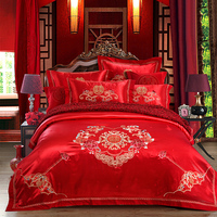 婚庆四件套贡缎提花刺绣床上用品大红结婚绣花多件套1.8m床