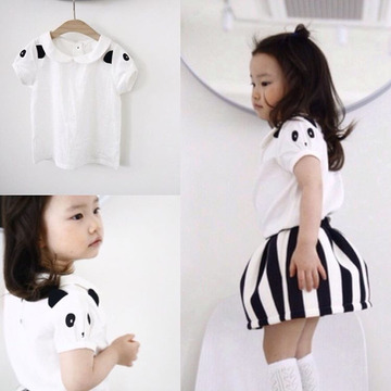 JR KIDS 夏季新款熊猫衬衫+条纹半裙女童可爱套装儿童上衣短裙
