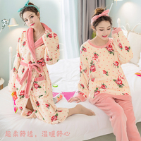 韩版秋冬法兰绒长袖单件睡袍甜美奢华玫瑰女士家居服套装特价