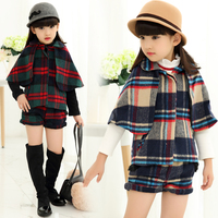 格子毛呢套装两件套韩版女童秋冬装时尚儿童披风斗篷蝙蝠衫