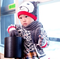 包邮台湾MIT儿童保暖帽子男童冬帽小熊多件套帽子围巾手套三件套