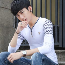 男士纯棉v领长袖t恤韩版修身白色打底衫青少年流行男装秋衣小衫