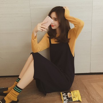 2016秋季新款女装韩版中长款宽松套头毛衫背带针织衫纯色连衣裙潮