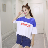 2016夏季新款中长款拼色字母印花短袖T恤女韩版宽松显瘦蝙蝠衫潮