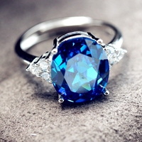 斯里兰卡蓝宝石戒指925纯银镶嵌椭圆形彩宝珠宝指环镀24K白金女款