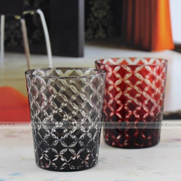 包邮彩色刻花传统玻璃水杯客房漱口杯琉璃手工玻璃杯创意礼品口杯
