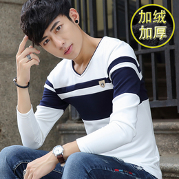 男士加绒加厚长袖t恤冬季韩版青少年修身纯棉保暖v领体恤学生上衣