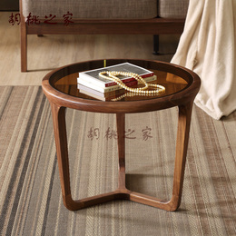北美黑胡桃圆形小茶几实木边几角几创意简约宜家家具玻璃沙发边桌
