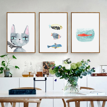 猫咪小鱼北欧简约餐厅装饰画饭厅挂画现代简约卧室壁画床头有框画