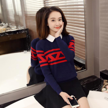 2016春季新款韩版娃娃领波浪三角条纹套头女装针织衫毛衣外套
