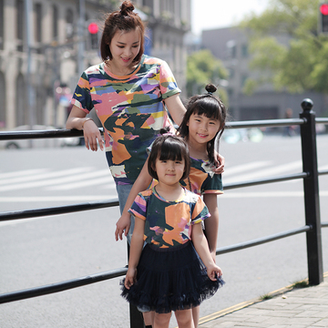 亲子装夏装2016新款t恤迷彩母子母女装韩版男女童纯棉短袖T恤潮