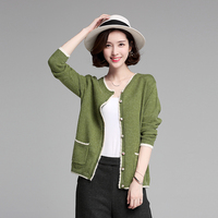 【靓竹】实拍 秋季新款韩版女式针织小开衫 纯色白边双口袋外套