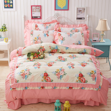 韩式床上用品1.8m米床裙式粉色公主风花边四件套纯棉 1.5m床 双人