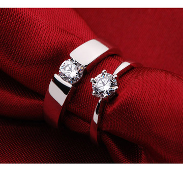 男女仿真钻石戒指纯银镀铂金钻戒结求婚戒指情侣对戒情人节男女