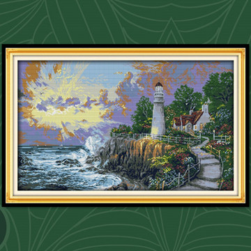 印花灯塔十字绣地中海风情 新款田园客厅油画款 海边风景海景现代