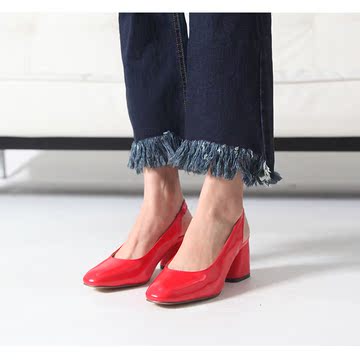韩国代购东大门女鞋2017春新款圆头方高跟套脚后橡筋通勤糖果单鞋