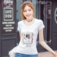 2016韩版新款个性女装上衣卡通镶钻t恤女短袖夏季纯棉紧身打底衫